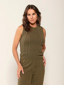 Regata de algodão com tecimento em tranças, gola redonda e mangas de cava posta Biamar