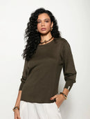 Blusa canelada com gola redonda e mangas de cava posta Biamar