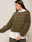 Blusa em algodão em pontos vazados, gola canoa e mangas de cava quadrada Biamar