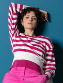 Blusa com padronagem em listras, gola redonda e mangas de cava posta Urbanity