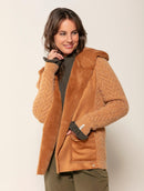 Casaco com tecimento em tranças e pele fake com capuz e sem fechamento frontal Biamar