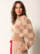 Blusa em padronagem geométrica com gola média e mangas bufantes de cava posta Biamar