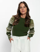 Blusa canelada com padronagem em listras, gola redonda e mangas de cava posta Urbanity