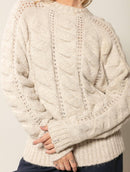 Blusa em pontos vazados com gola redonda e mangas de cava raglan Biamar