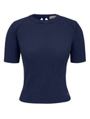 Blusa manga curta canelada com detalhe de trama vazada e cordões Biamar