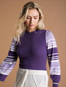 Blusa canelada com padronagem em listras, gola redonda e mangas de cava posta Urbanity