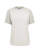 Blusa em algodão de gola redonda com manga curta em pontos vazados Biamar