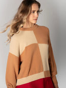 Blusa em fio pluma com padronagem geométrica, gola redonda e mangas de cava quadrada aBenção