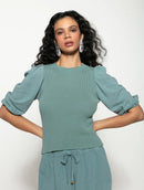 Blusa canelada de gola redonda com manga curta bufante Biamar