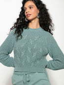 Blusa em algodão com tecimento de folhas  e mangas de cava raglan Biamar