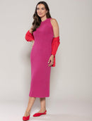 Vestido longo canelado em algodão com gola redonda e fenda Urbanity