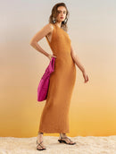 Vestido longo canelado em algodão com gola redonda e fenda Urbanity