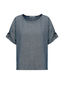 Blusa mullet com padronagem em listras, gola redonda e manga curta dobrada Biamar