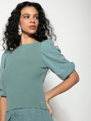 Blusa canelada de gola redonda com manga curta bufante Biamar