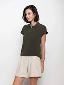 Blusa canelada gola polo com botões e manga curta Biamar