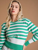 Blusa com padronagem em listras, gola redonda e mangas de cava posta Urbanity
