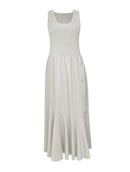 Vestido midi evasê canelado com decote quadrado e detalhe em botões Biamar