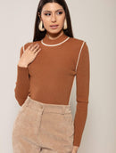 Blusa canelada com listras em contraste, gola média e mangas de cava posta Biamar