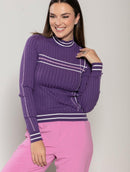 Blusa canelada com padronagem em listras, gola média e mangas de cava posta Urbanity