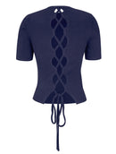 Blusa manga curta canelada com detalhe de trama vazada e cordões Biamar