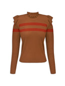 Blusa canelada com padronagem em listras, gola redonda, babados e mangas de cava posta Urbanity