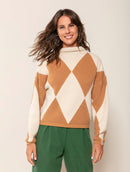 Blusa em padronagem geométrica com gola rolê e mangas de cava quadrada Biamar