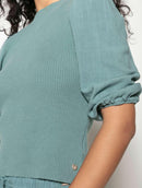 Blusa canelada de gola redonda com manga curta bufante Biamar