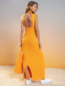 Vestido longo canelado em algodão com gola redonda e fenda Urbanity