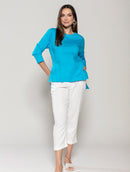 Blusa mullet em tricoline com gola redonda e mangas de cava posta Urbanity