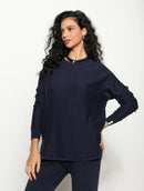 Blusa alongada em algodão com gola redonda, fendas e mangas de cava posta Biamar