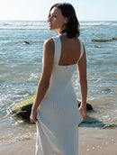 Vestido longo canelado em algodão com gola redonda e fenda Urbanity