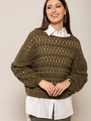 Blusa em algodão em pontos vazados, gola canoa e mangas de cava quadrada Biamar