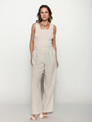 Calça reta em linho com bolsos e elástico Biamar