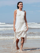 Vestido longo canelado em algodão com gola redonda e fenda Urbanity