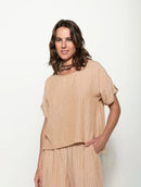 Blusa mullet com padronagem em listras, gola redonda e manga curta dobrada Biamar