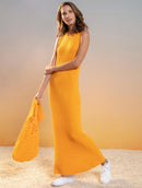 Vestido longo canelado em algodão com gola redonda e fenda Urbanity