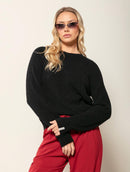 Blusa canelada em fio pluma com gola redonda e mangas de cava raglan Biamar