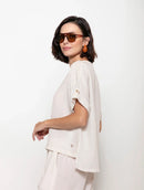 Blusa mullet com padronagem em listras, gola redonda e manga curta dobrada Biamar