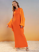 Vestido longo canelado em algodão com gola redonda e fenda Urbanity