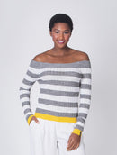 Blusa canelada com padronagem em listras, decote ombro a ombro e mangas da cava raglan Urbanity